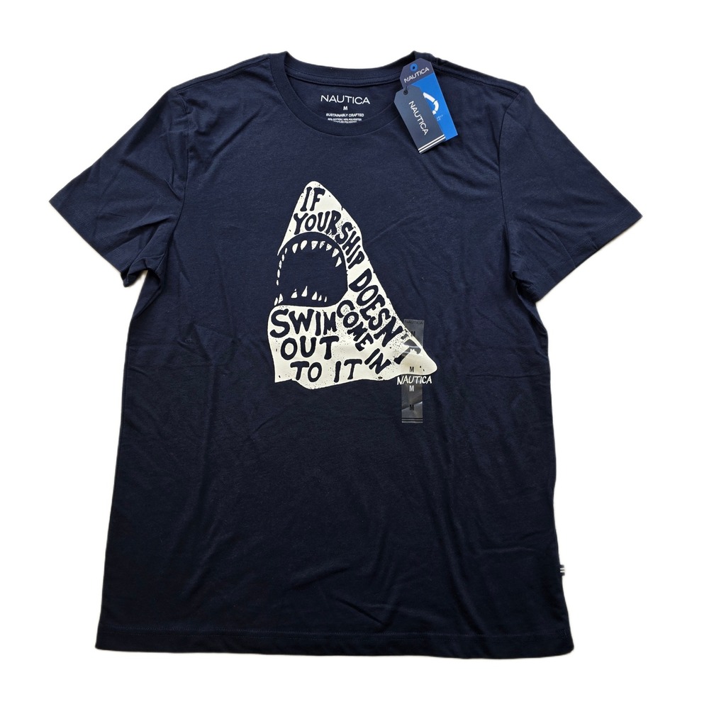 Nautica Graphic Tee Mens Medium Navy Blue Shark Fin Quote NEW